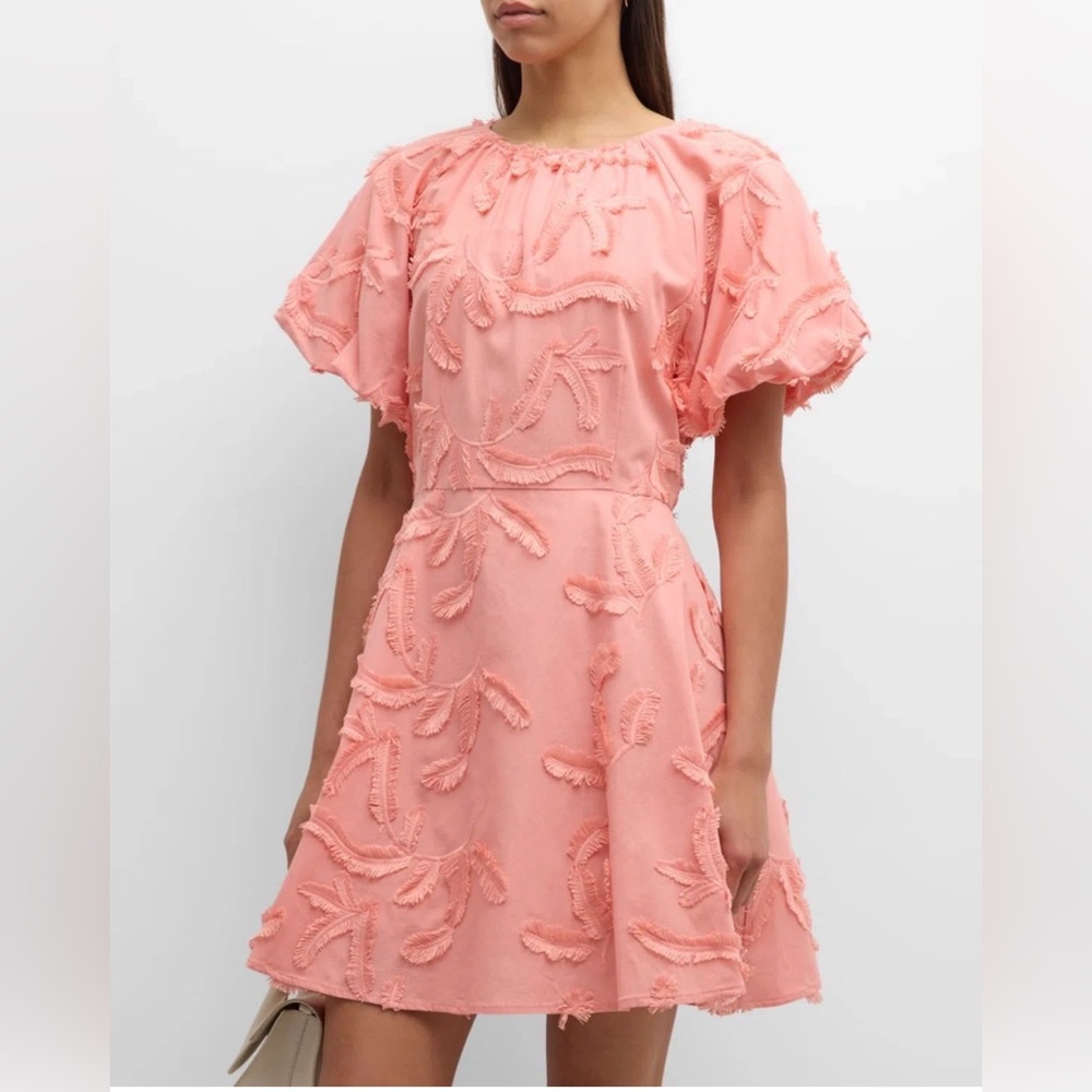 NWT Misook puff sleeve coral fringe minidress
